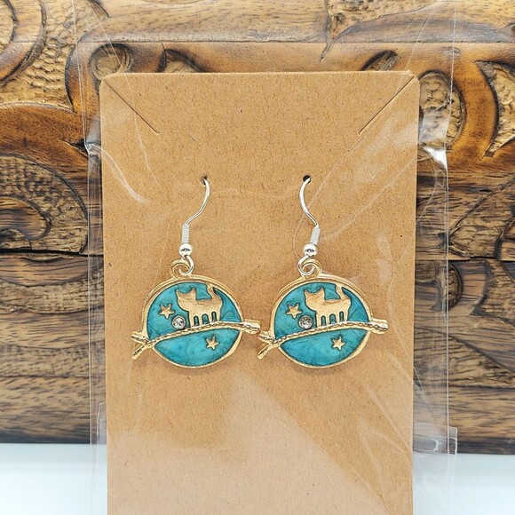 Celestial Cat Earrings Green - Picture 1 of 2